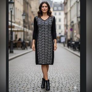 AB Studio Elegant Black and Gray Patterned Sweater Dress V Neck cozy stylish